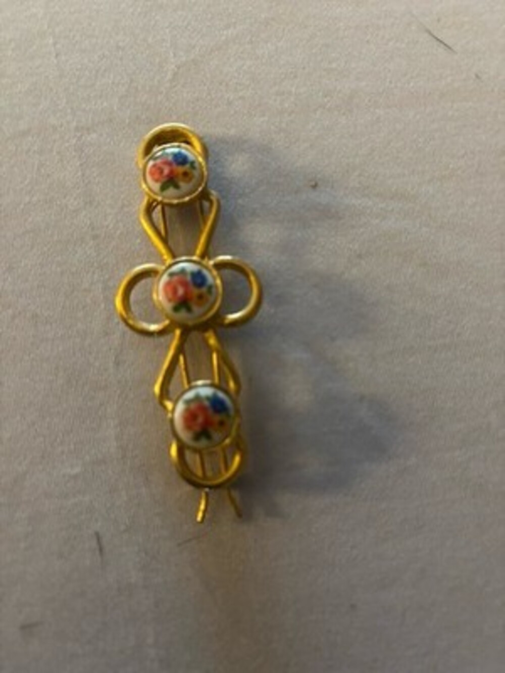 Vintage Gold Tone Floral Cabochon Two Prong Hair Slide Barrette Mid Century